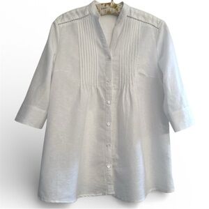 J. McLaughlin Riviera Linen Blend White Blouse Womens XS Coastal Preppy Pintuck